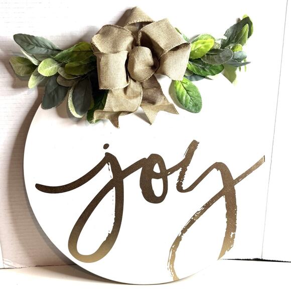White And Gold Joy Holiday Sign Floral Bow Wooden Door Hanger Christmas Decor - Picture 1 of 5